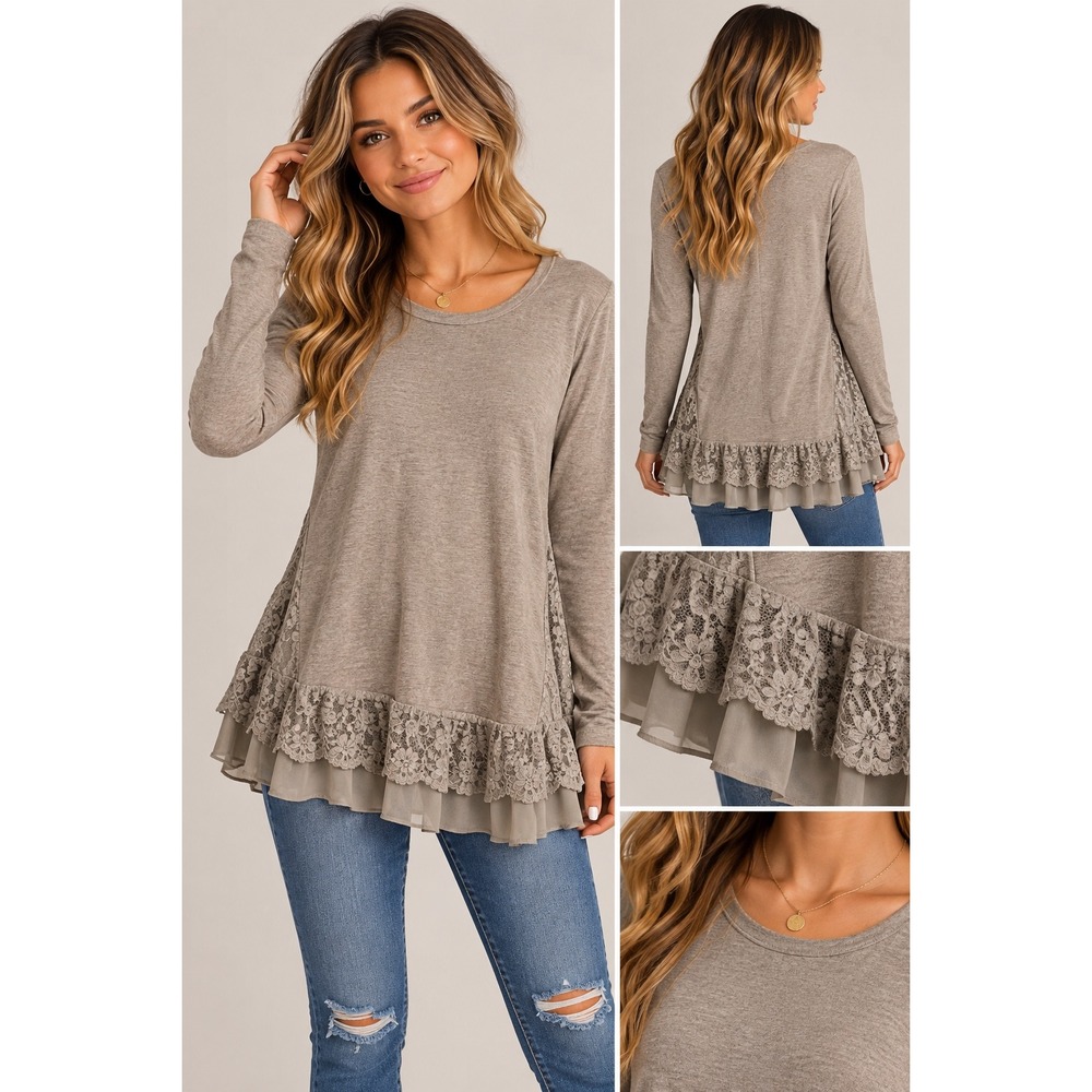 Style & Co Womens Taupe Lace Ruffle Hem Tunic Sweater Size Medium Long Sleeve